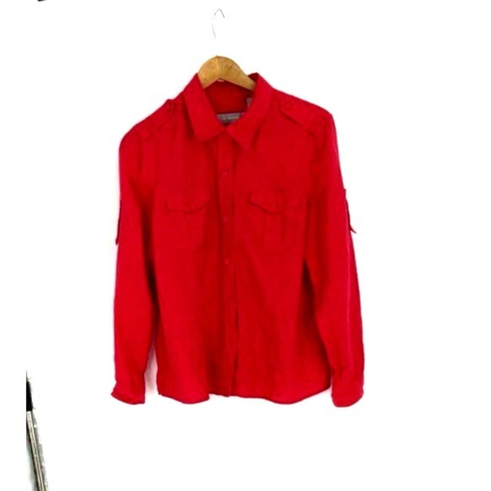 Liz Clairborne 100% Linen Womens Large Red Top Button Up Roll Tab Sleeve